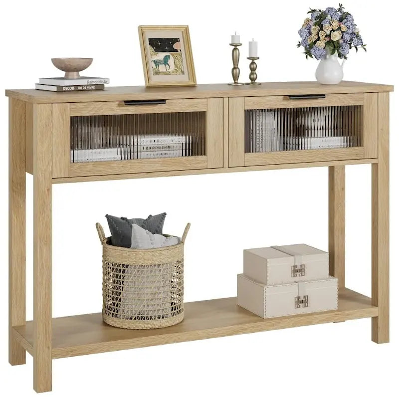 Console de ferme, 2 tiroirs et étagère à 2 niveaux, bois MDF, 43,3 po de largeur, entrée/canapé/couloir, marron/naturel/noir