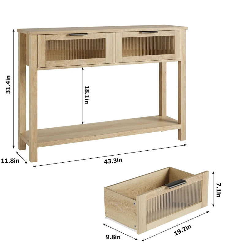 Console de ferme, 2 tiroirs et étagère à 2 niveaux, bois MDF, 43,3 po de largeur, entrée/canapé/couloir, marron/naturel/noir