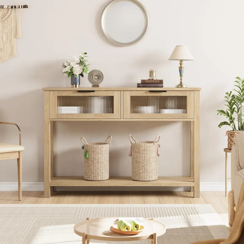 Console de ferme, 2 tiroirs et étagère à 2 niveaux, bois MDF, 43,3 po de largeur, entrée/canapé/couloir, marron/naturel/noir