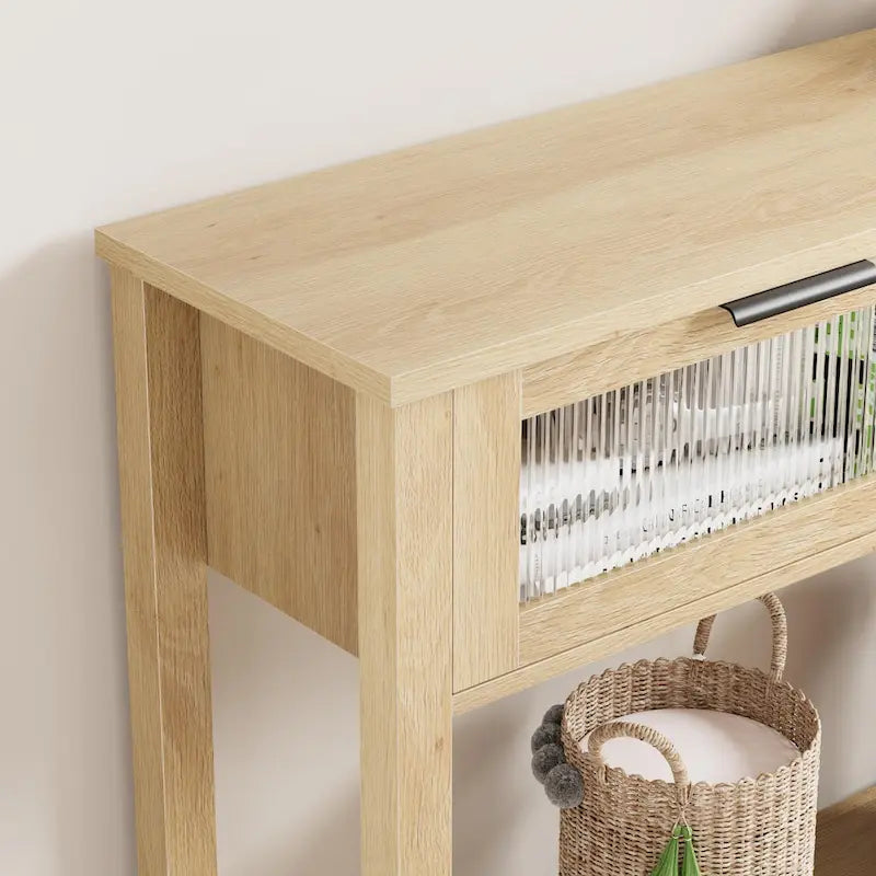 Console de ferme, 2 tiroirs et étagère à 2 niveaux, bois MDF, 43,3 po de largeur, entrée/canapé/couloir, marron/naturel/noir