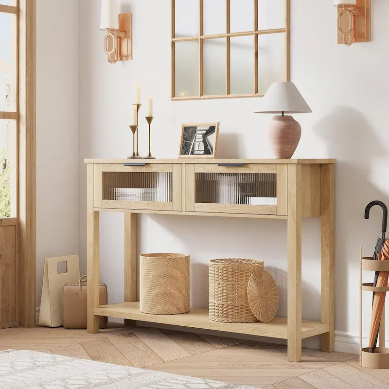 Console de ferme, 2 tiroirs et étagère à 2 niveaux, bois MDF, 43,3 po de largeur, entrée/canapé/couloir, marron/naturel/noir