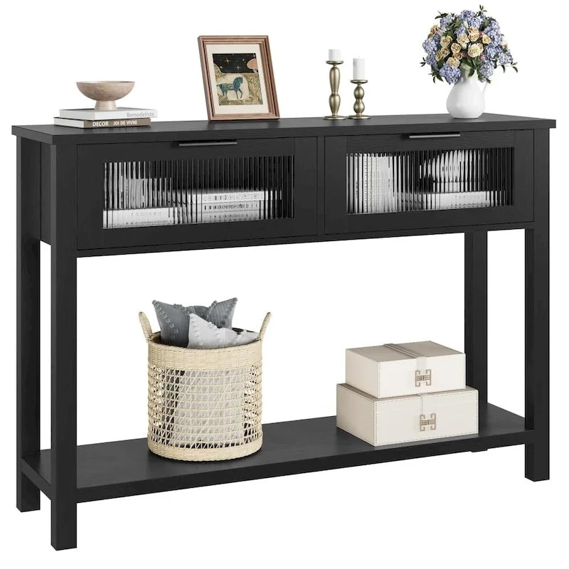 Console de ferme, 2 tiroirs et étagère à 2 niveaux, bois MDF, 43,3 po de largeur, entrée/canapé/couloir, marron/naturel/noir