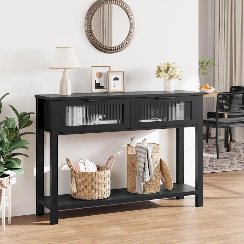 Console de ferme, 2 tiroirs et étagère à 2 niveaux, bois MDF, 43,3 po de largeur, entrée/canapé/couloir, marron/naturel/noir