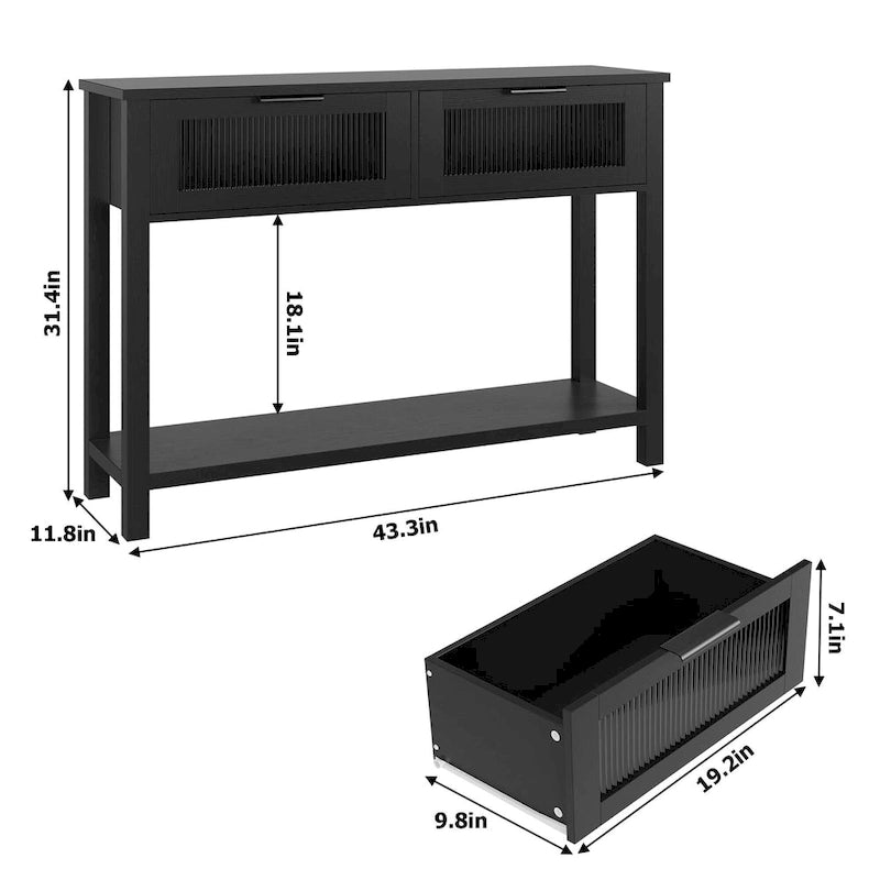 Console de ferme, 2 tiroirs et étagère à 2 niveaux, bois MDF, 43,3 po de largeur, entrée/canapé/couloir, marron/naturel/noir