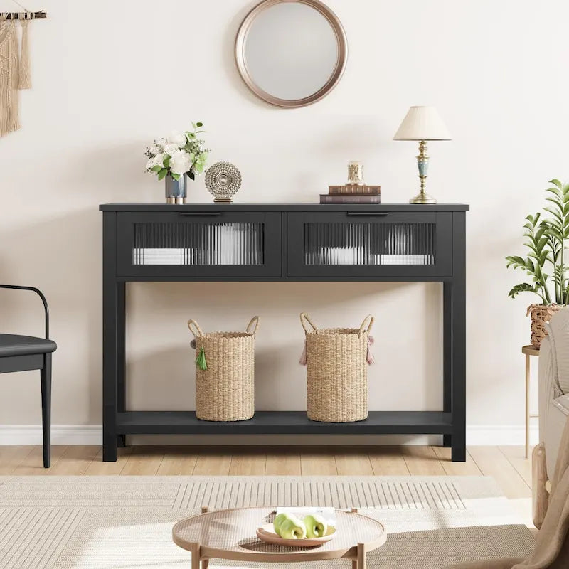 Console de ferme, 2 tiroirs et étagère à 2 niveaux, bois MDF, 43,3 po de largeur, entrée/canapé/couloir, marron/naturel/noir