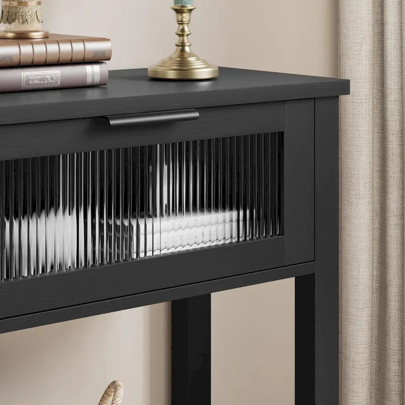 Console de ferme, 2 tiroirs et étagère à 2 niveaux, bois MDF, 43,3 po de largeur, entrée/canapé/couloir, marron/naturel/noir