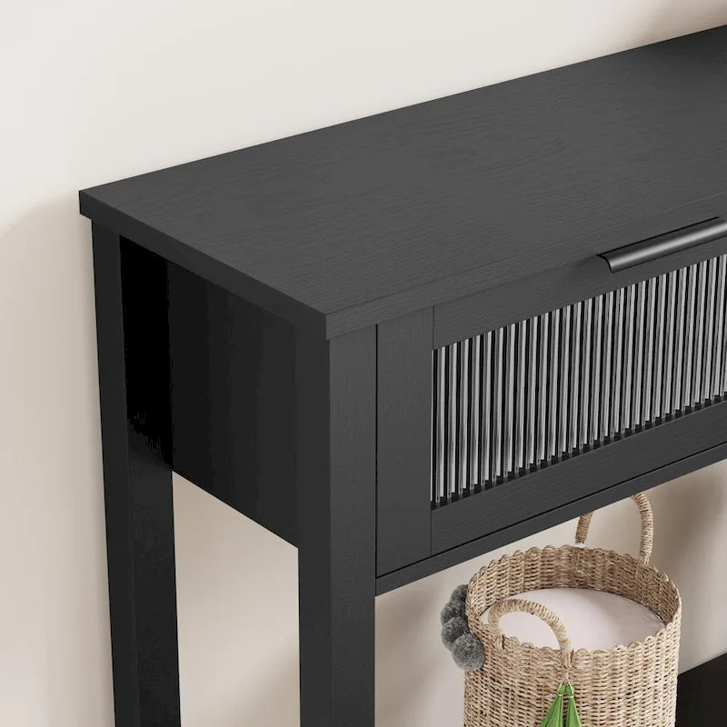 Console de ferme, 2 tiroirs et étagère à 2 niveaux, bois MDF, 43,3 po de largeur, entrée/canapé/couloir, marron/naturel/noir