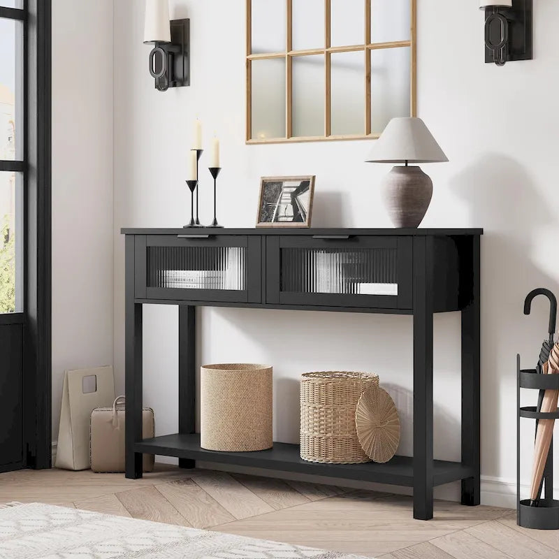 Console de ferme, 2 tiroirs et étagère à 2 niveaux, bois MDF, 43,3 po de largeur, entrée/canapé/couloir, marron/naturel/noir