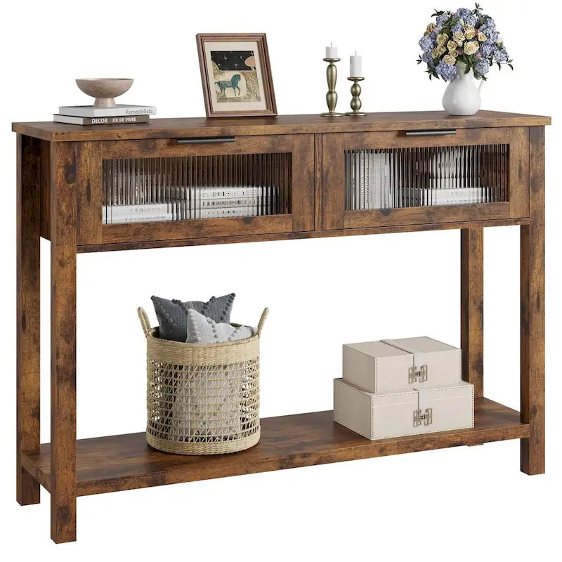 Console de ferme, 2 tiroirs et étagère à 2 niveaux, bois MDF, 43,3 po de largeur, entrée/canapé/couloir, marron/naturel/noir
