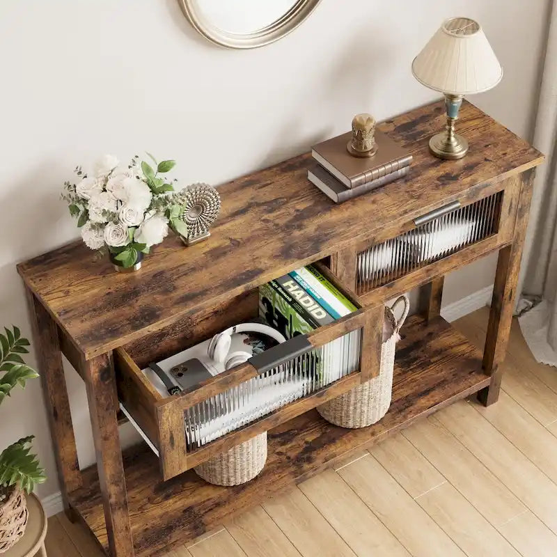 Console de ferme, 2 tiroirs et étagère à 2 niveaux, bois MDF, 43,3 po de largeur, entrée/canapé/couloir, marron/naturel/noir