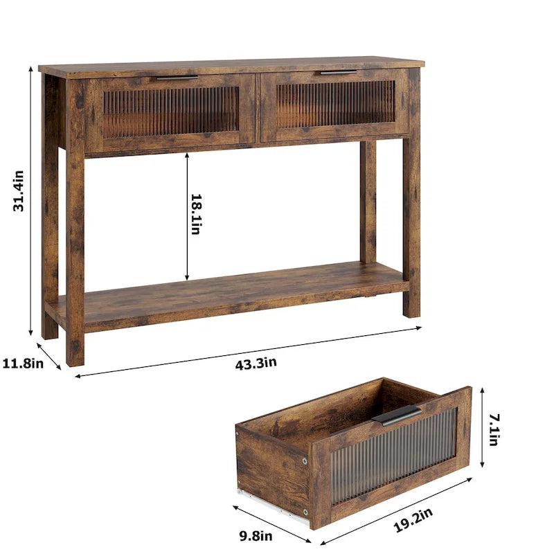 Console de ferme, 2 tiroirs et étagère à 2 niveaux, bois MDF, 43,3 po de largeur, entrée/canapé/couloir, marron/naturel/noir