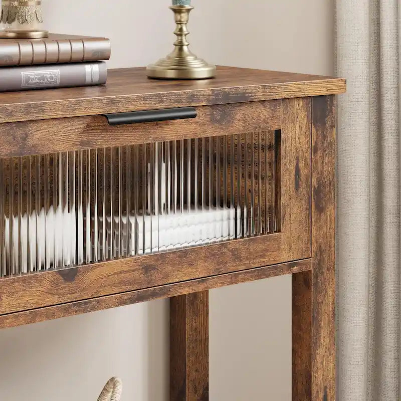 Console de ferme, 2 tiroirs et étagère à 2 niveaux, bois MDF, 43,3 po de largeur, entrée/canapé/couloir, marron/naturel/noir