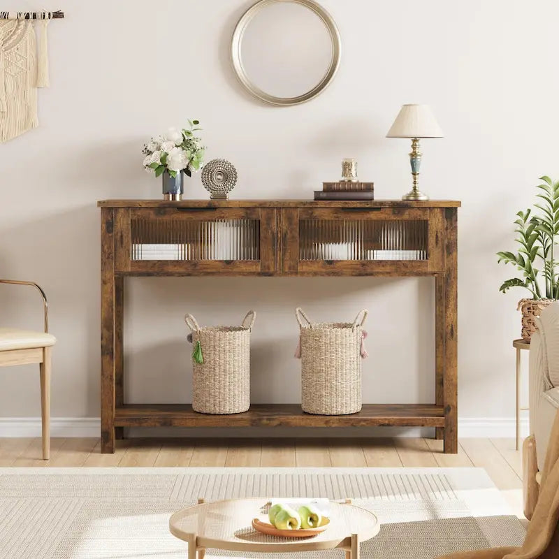 Console de ferme, 2 tiroirs et étagère à 2 niveaux, bois MDF, 43,3 po de largeur, entrée/canapé/couloir, marron/naturel/noir