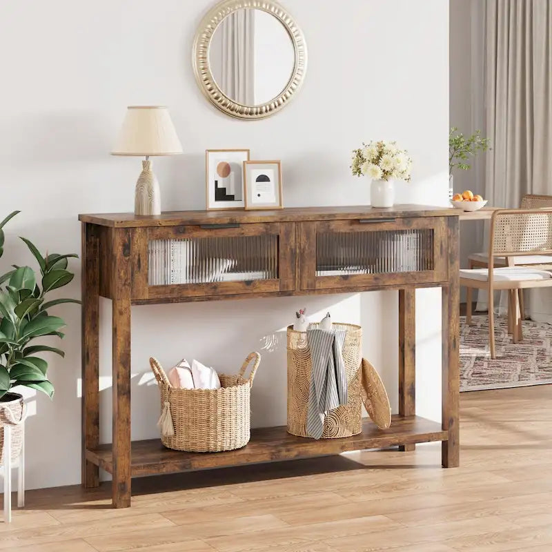 Console de ferme, 2 tiroirs et étagère à 2 niveaux, bois MDF, 43,3 po de largeur, entrée/canapé/couloir, marron/naturel/noir