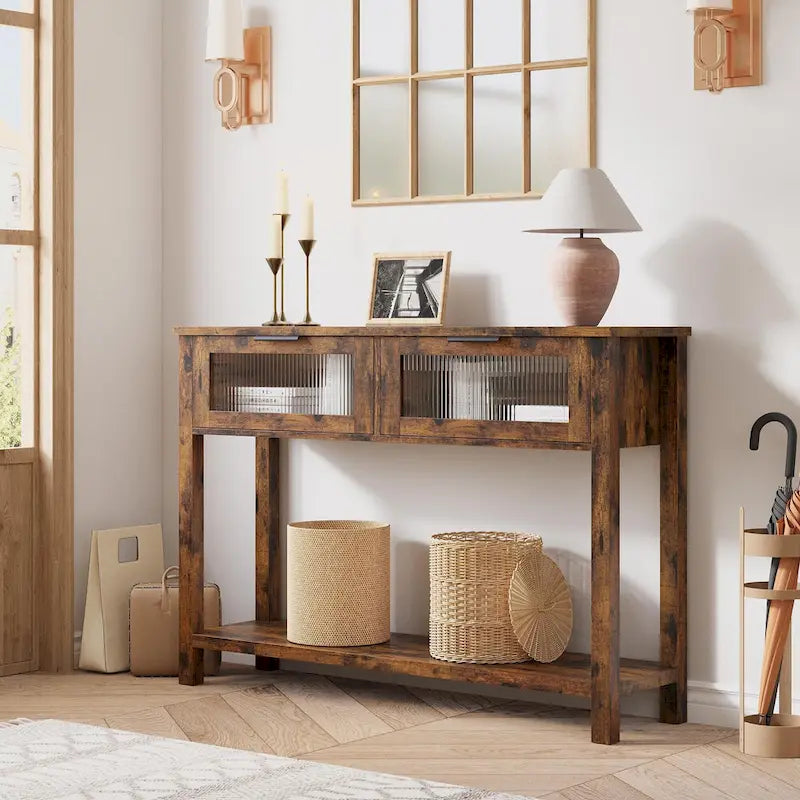 Console de ferme, 2 tiroirs et étagère à 2 niveaux, bois MDF, 43,3 po de largeur, entrée/canapé/couloir, marron/naturel/noir