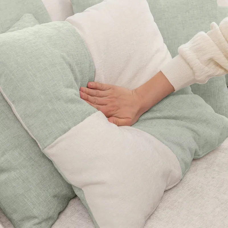 Canapé 3 places en velours avec pouf et 5 oreillers, coussin en éponge à mémoire de forme, entièrement assemblé, canapé de salon moderne, beige, vert, gris