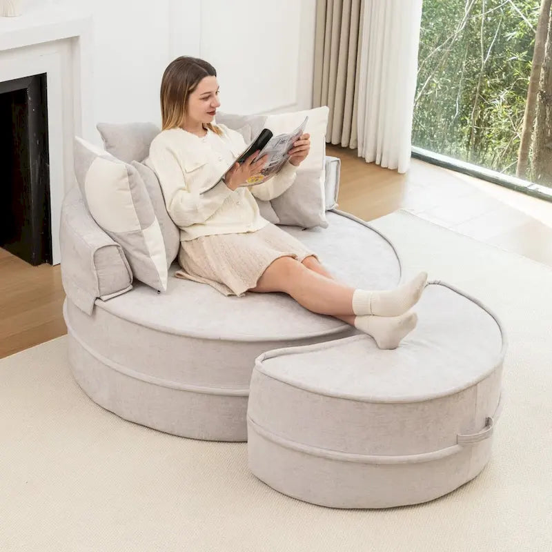 Canapé 3 places en velours avec pouf et 5 oreillers, coussin en éponge à mémoire de forme, entièrement assemblé, canapé de salon moderne, beige, vert, gris