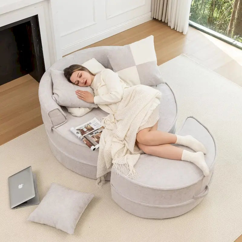 Canapé 3 places en velours avec pouf et 5 oreillers, coussin en éponge à mémoire de forme, entièrement assemblé, canapé de salon moderne, beige, vert, gris