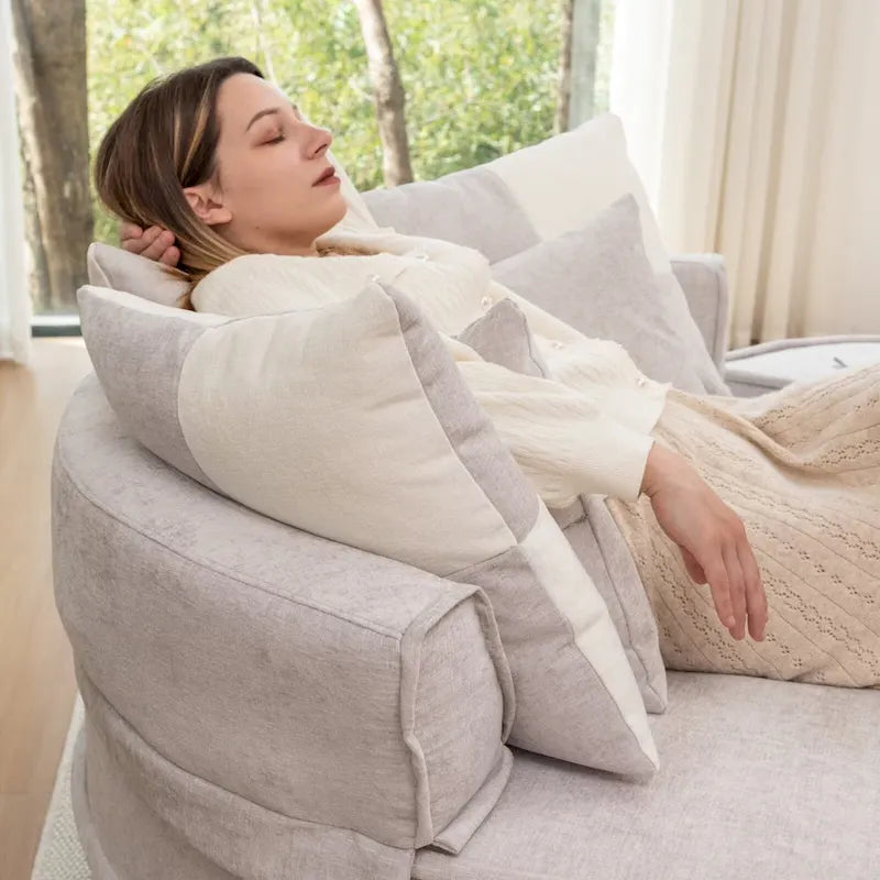 Canapé 3 places en velours avec pouf et 5 oreillers, coussin en éponge à mémoire de forme, entièrement assemblé, canapé de salon moderne, beige, vert, gris