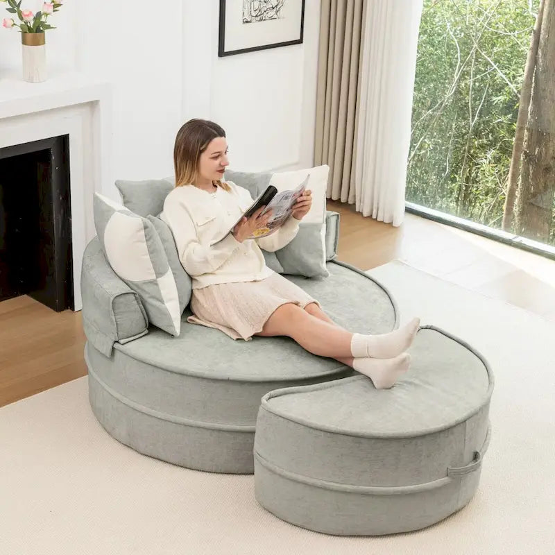 Canapé 3 places en velours avec pouf et 5 oreillers, coussin en éponge à mémoire de forme, entièrement assemblé, canapé de salon moderne, beige, vert, gris