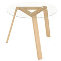 Table à manger ronde en verre trempé de 36", cadre en bois d'hévéa, base triangulaire, 90 kg, naturel/noir