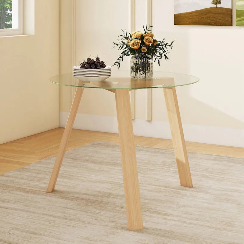 Table à manger ronde en verre trempé de 36", cadre en bois d'hévéa, base triangulaire, 90 kg, naturel/noir