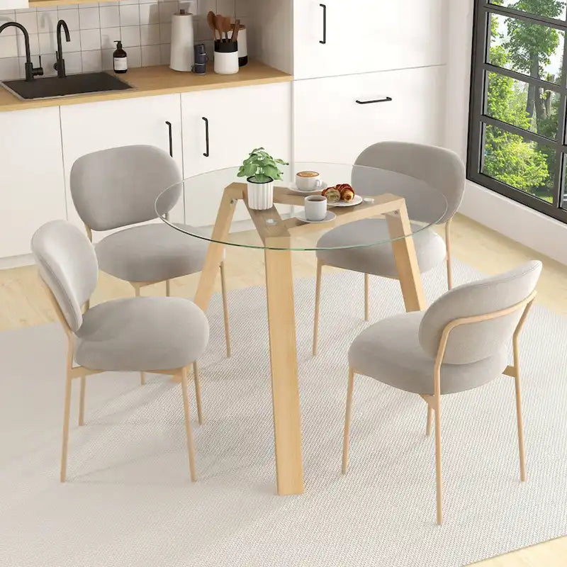 Table à manger ronde en verre trempé de 36", cadre en bois d'hévéa, base triangulaire, 90 kg, naturel/noir