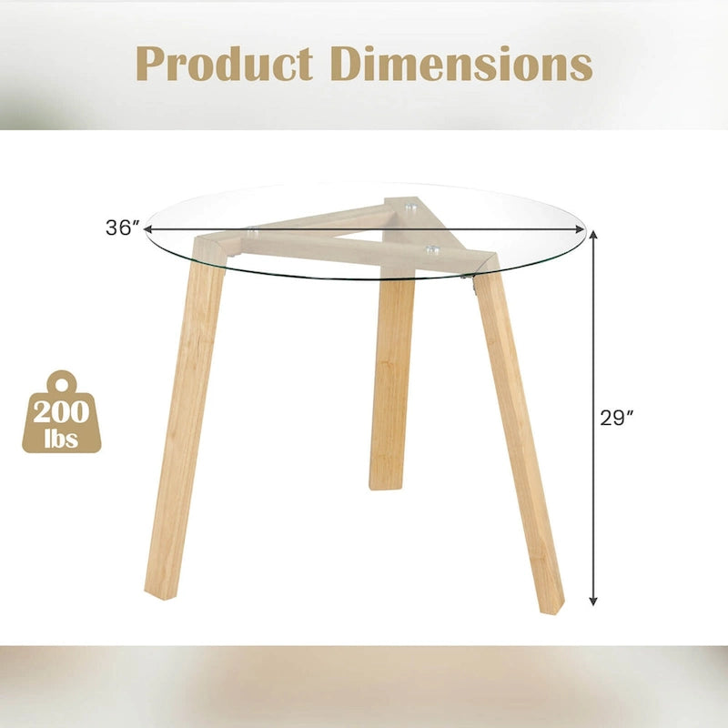 Table à manger ronde en verre trempé de 36", cadre en bois d'hévéa, base triangulaire, 90 kg, naturel/noir