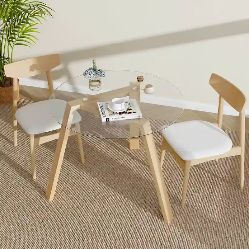 Table à manger ronde en verre trempé de 36", cadre en bois d'hévéa, base triangulaire, 90 kg, naturel/noir