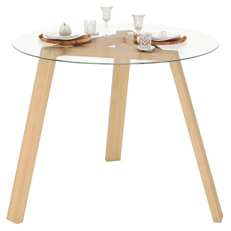 Table à manger ronde en verre trempé de 36", cadre en bois d'hévéa, base triangulaire, 90 kg, naturel/noir