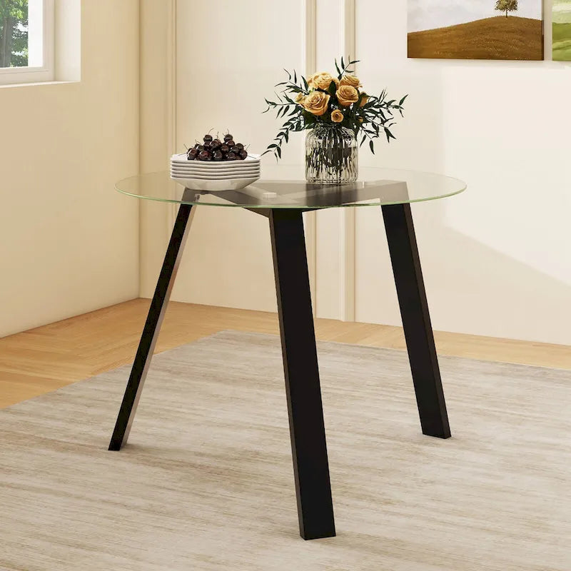 Table à manger ronde en verre trempé de 36", cadre en bois d'hévéa, base triangulaire, 90 kg, naturel/noir