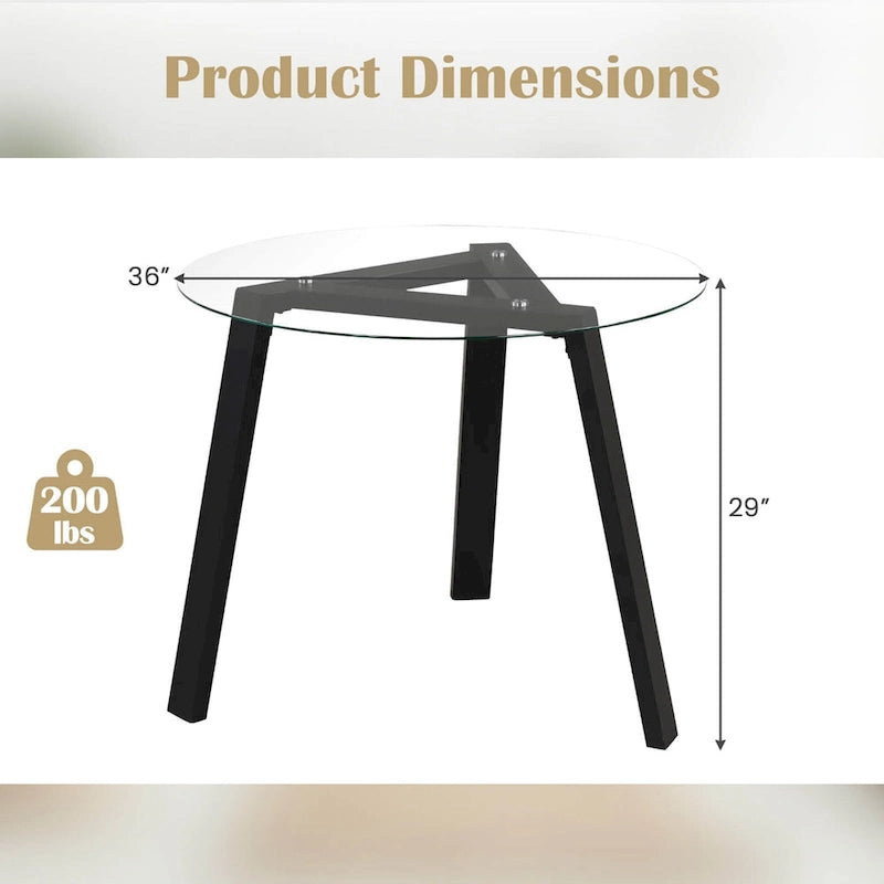 Table à manger ronde en verre trempé de 36", cadre en bois d'hévéa, base triangulaire, 90 kg, naturel/noir
