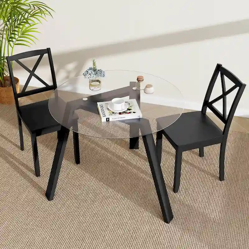 Table à manger ronde en verre trempé de 36", cadre en bois d'hévéa, base triangulaire, 90 kg, naturel/noir