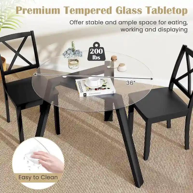 Table à manger ronde en verre trempé de 36", cadre en bois d'hévéa, base triangulaire, 90 kg, naturel/noir