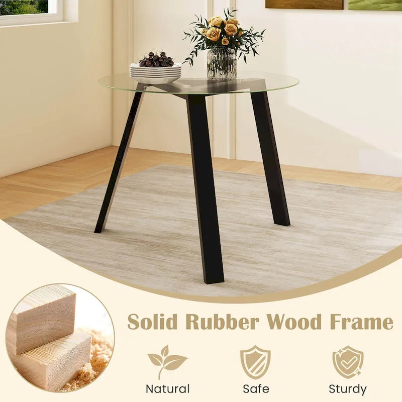 Table à manger ronde en verre trempé de 36", cadre en bois d'hévéa, base triangulaire, 90 kg, naturel/noir