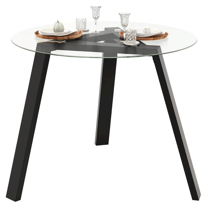 Table à manger ronde en verre trempé de 36", cadre en bois d'hévéa, base triangulaire, 90 kg, naturel/noir