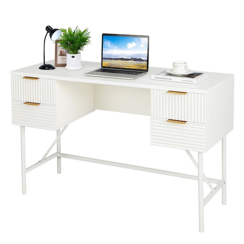 Bureau informatique 48" avec 4 tiroirs, cadre métallique, style moderne, blanc, capacité du plateau de 200 lb