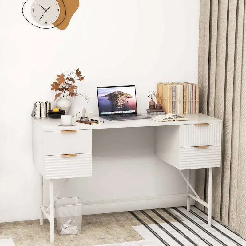 48" Computer Desk with 4 Drawers, Metal Frame, Modern Style, White, 200 lbs Tabletop Capacity