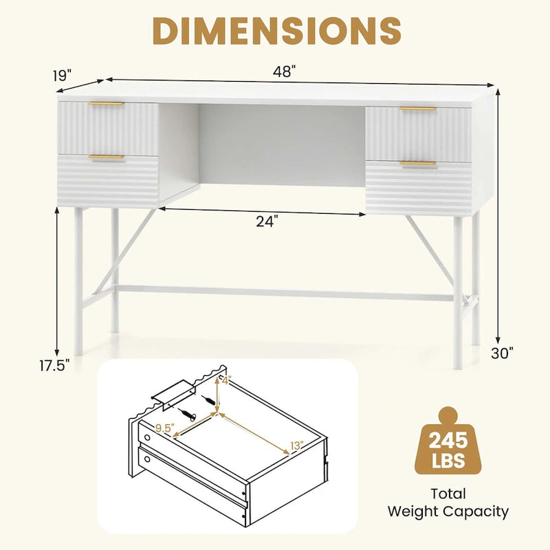 Bureau informatique 48" avec 4 tiroirs, cadre métallique, style moderne, blanc, capacité du plateau de 200 lb