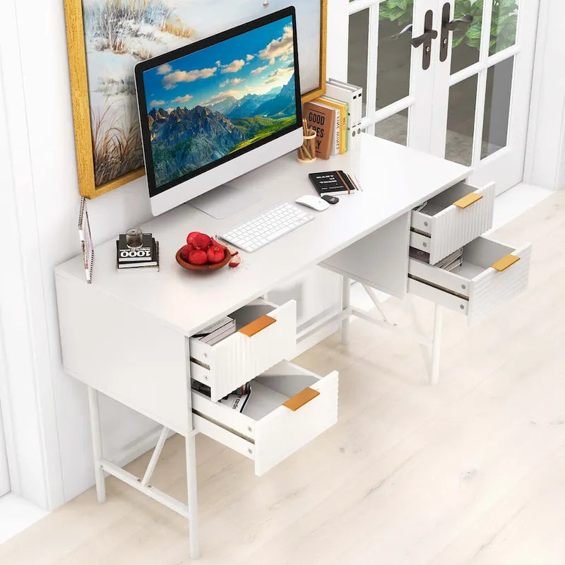 Bureau informatique 48" avec 4 tiroirs, cadre métallique, style moderne, blanc, capacité du plateau de 200 lb