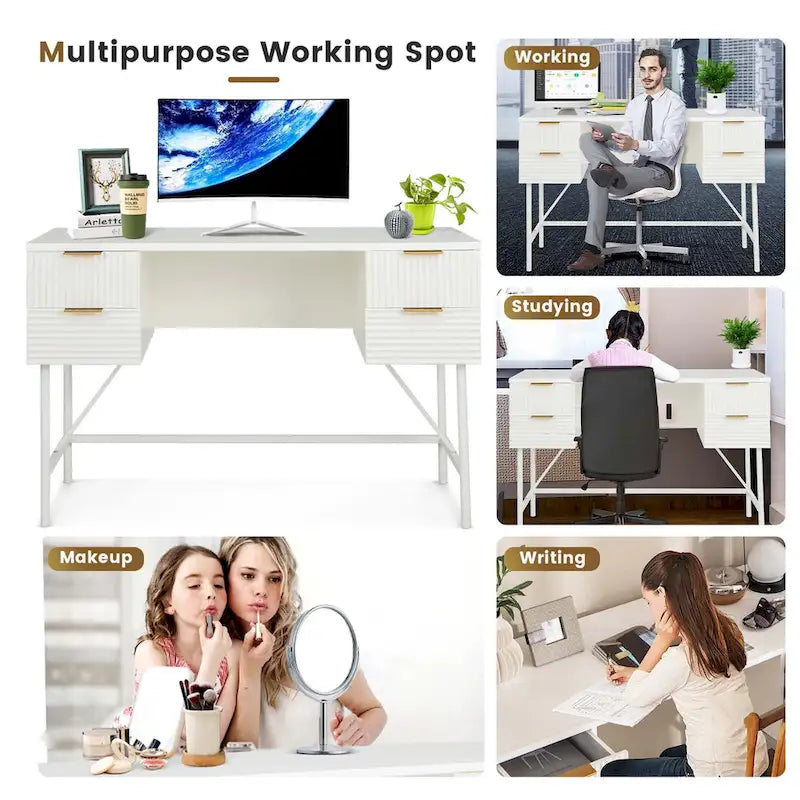 Bureau informatique 48" avec 4 tiroirs, cadre métallique, style moderne, blanc, capacité du plateau de 200 lb