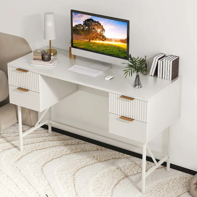Bureau informatique 48" avec 4 tiroirs, cadre métallique, style moderne, blanc, capacité du plateau de 200 lb
