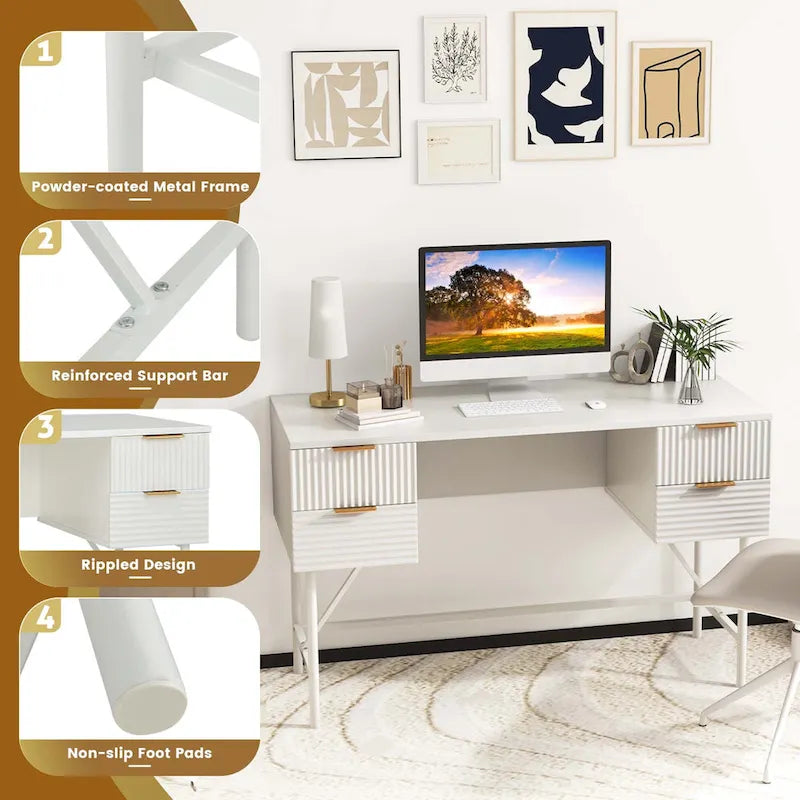 Bureau informatique 48" avec 4 tiroirs, cadre métallique, style moderne, blanc, capacité du plateau de 200 lb