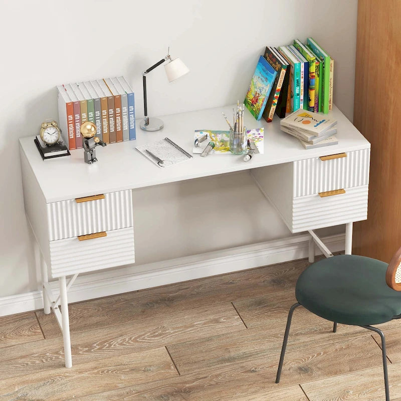 Bureau informatique 48" avec 4 tiroirs, cadre métallique, style moderne, blanc, capacité du plateau de 200 lb