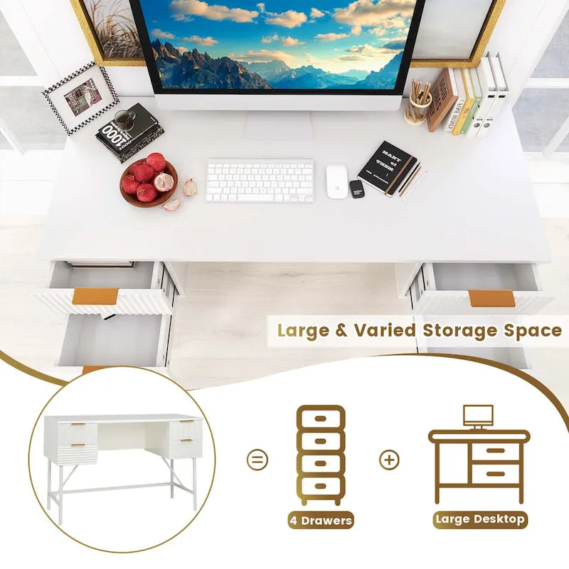 Bureau informatique 48" avec 4 tiroirs, cadre métallique, style moderne, blanc, capacité du plateau de 200 lb