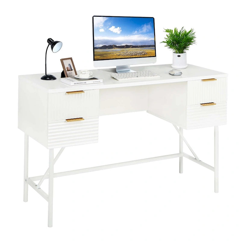 Bureau informatique 48" avec 4 tiroirs, cadre métallique, style moderne, blanc, capacité du plateau de 200 lb