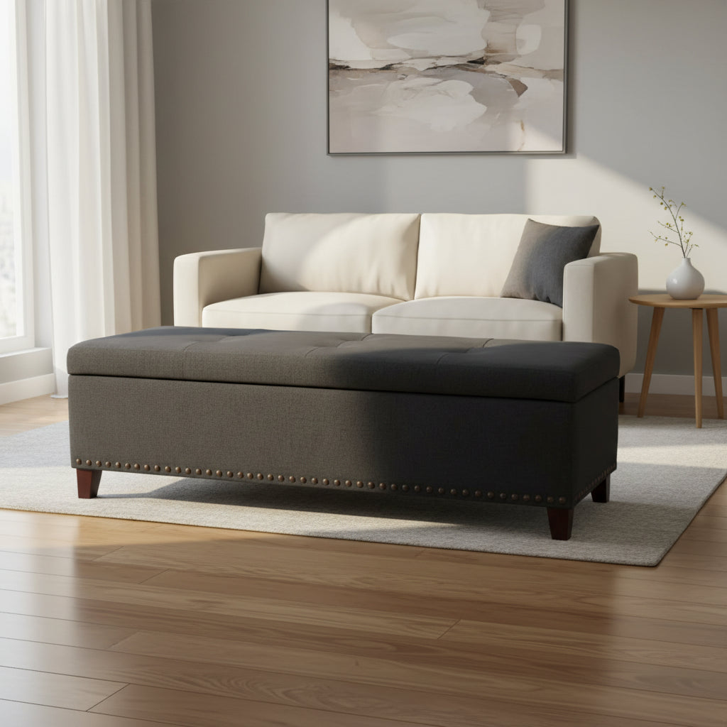Nancy Storage Ottoman Bench, 51 Inch Dark Gray Fabric,BrassNailhead Trim