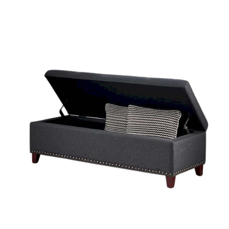 Banc de rangement ottoman de 51 po, tissu capitonné, garniture cloutée, charnières à fermeture douce, cadre en bois gris-brun