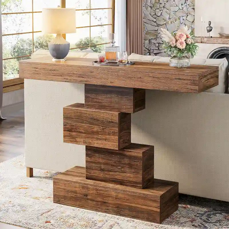 Console rustique de 108 cm pour canapé, table d'appoint, base géométrique, mélaminé étanche, panneaux de particules E1, 45 kg, entrée/couloir, marron rustique