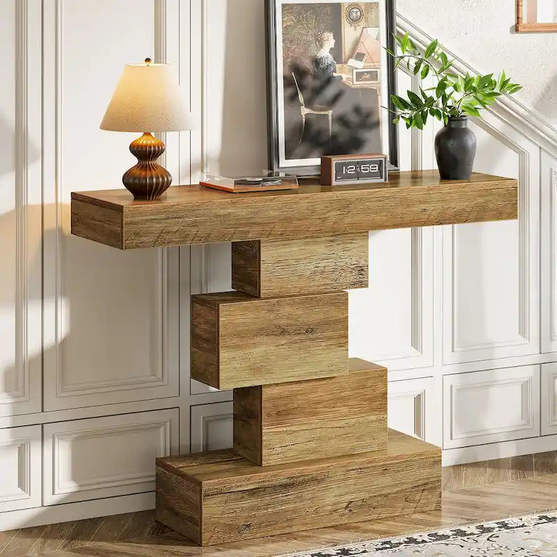 Console rustique de 108 cm pour canapé, table d'appoint, base géométrique, mélaminé étanche, panneaux de particules E1, 45 kg, entrée/couloir, marron rustique